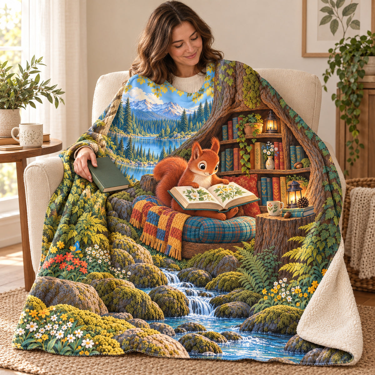 Little Squirrel's Big Story blanket, wrapped around a reader