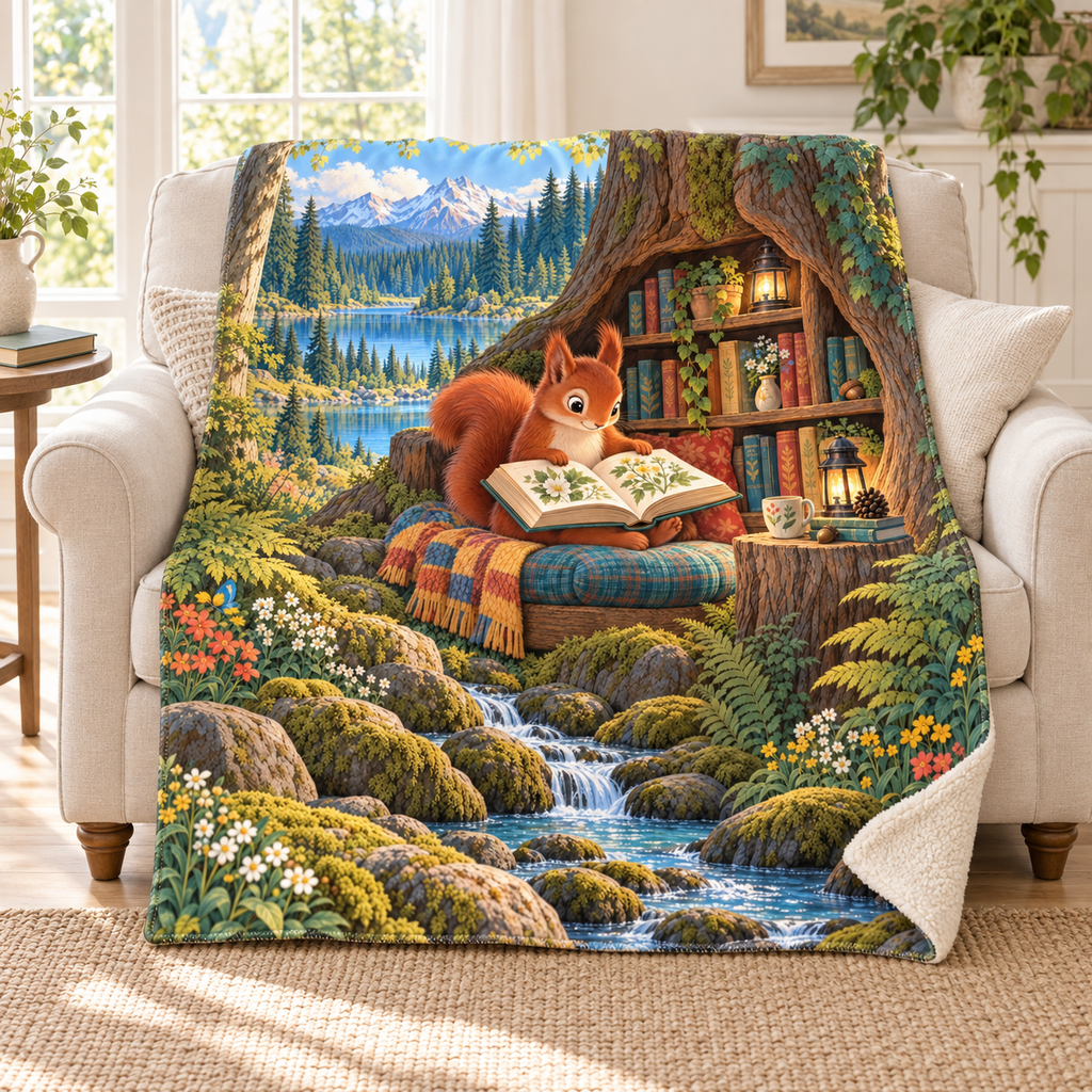 Little Squirrel's Big Story blanket, on a sofa