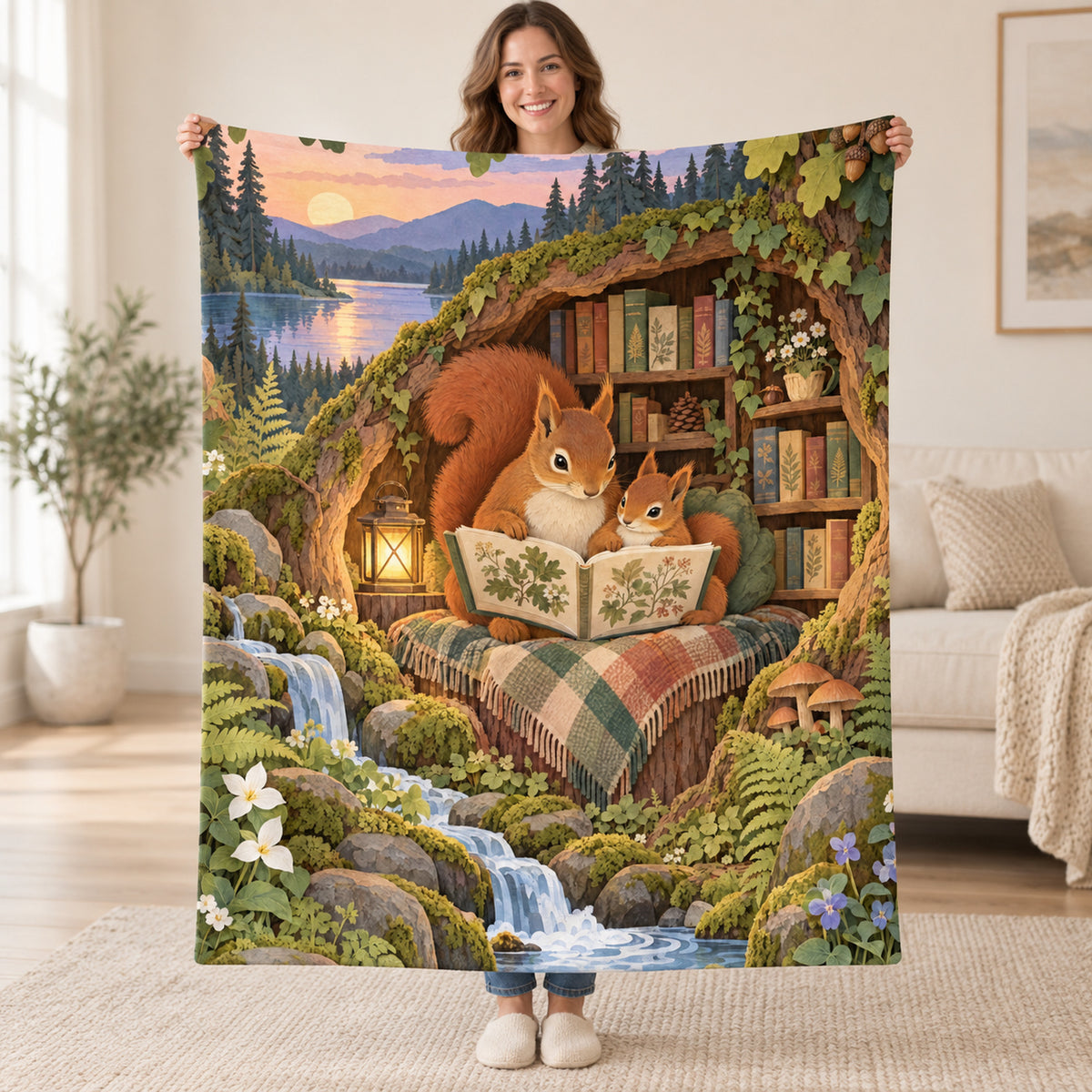Squirrel Family Tales blanket, held open
