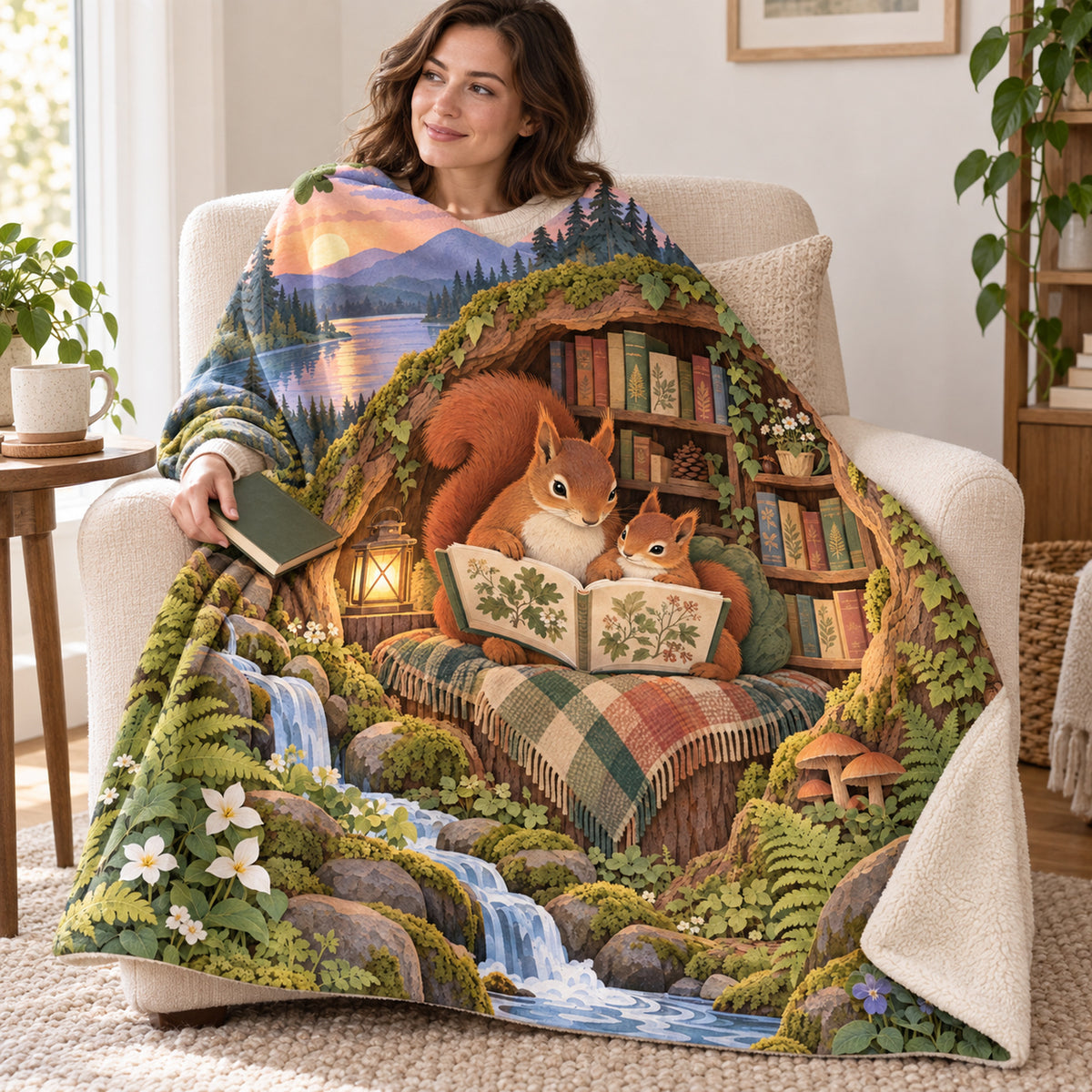 Squirrel Family Tales blanket, wrapped around a reader