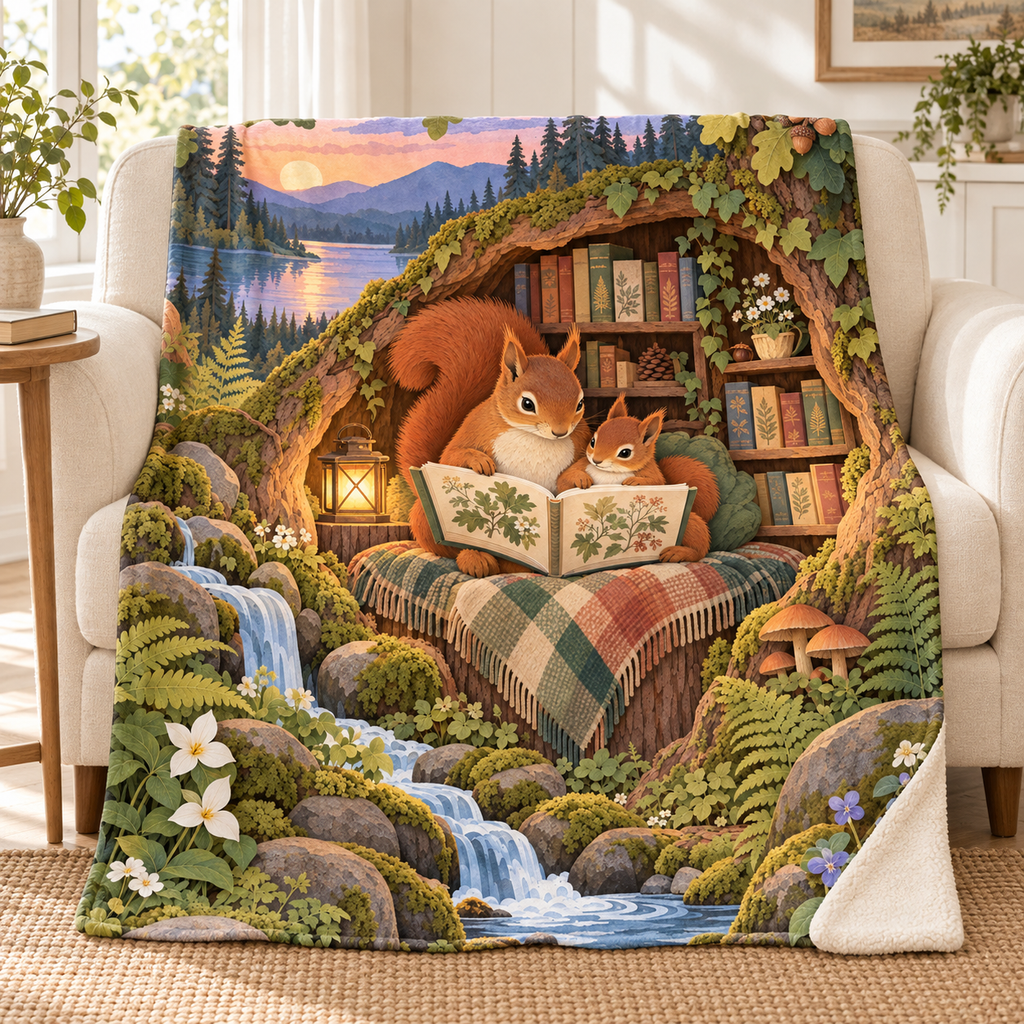 Squirrel Family Tales blanket, on a sofa