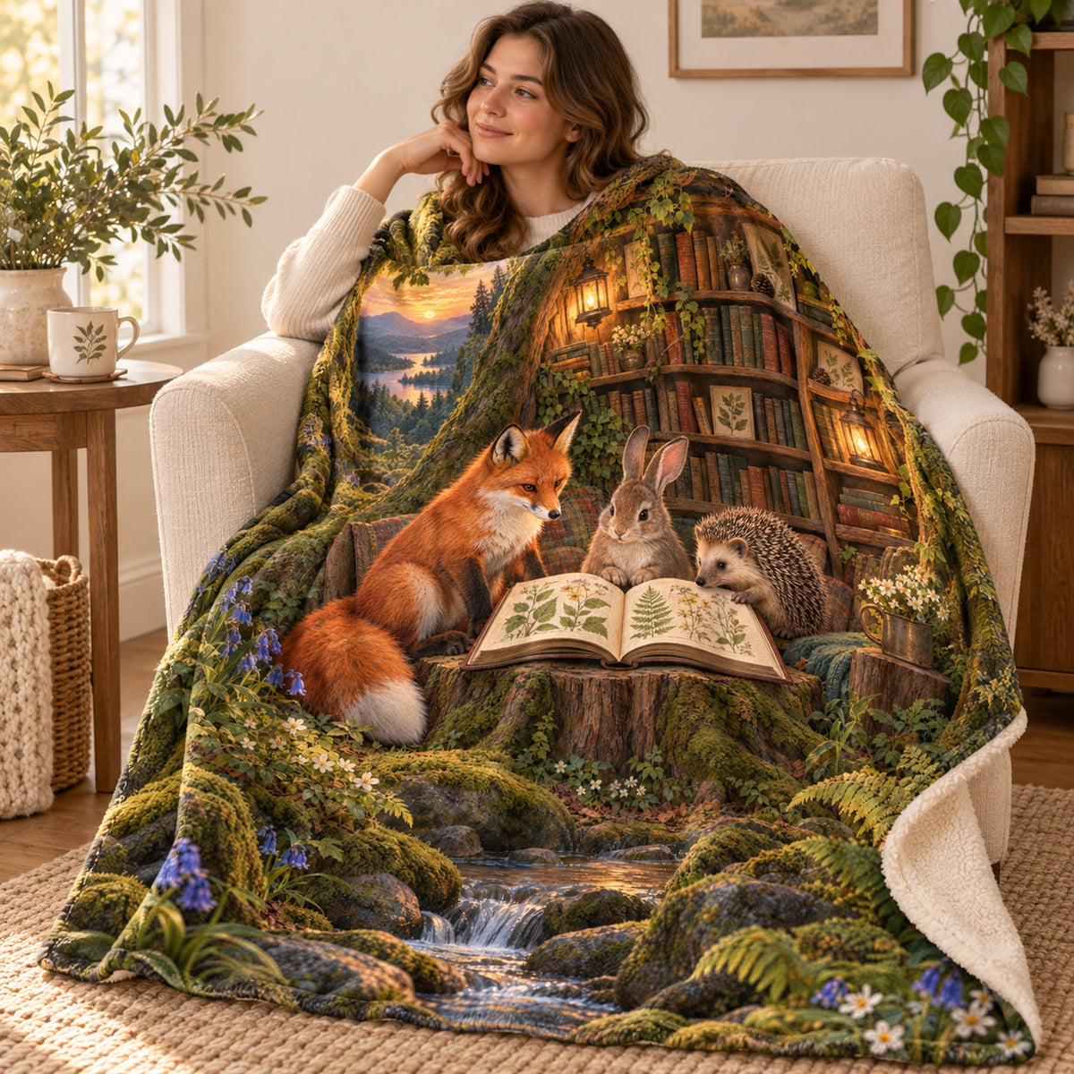 The Forest Reading Circle blanket, wrapped around a reader