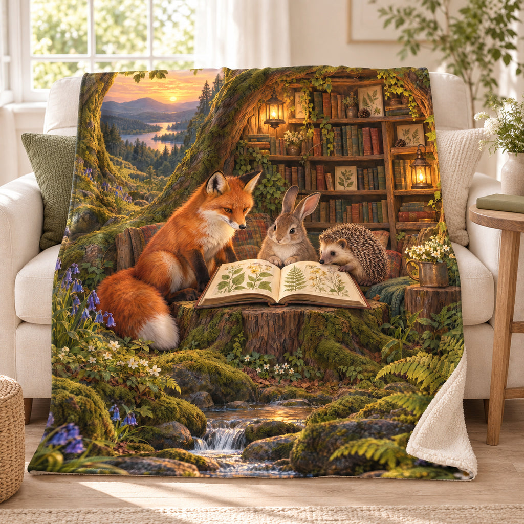 The Forest Reading Circle blanket, on a sofa