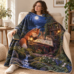 Moonlit Book Club blanket, wrapped around a reader