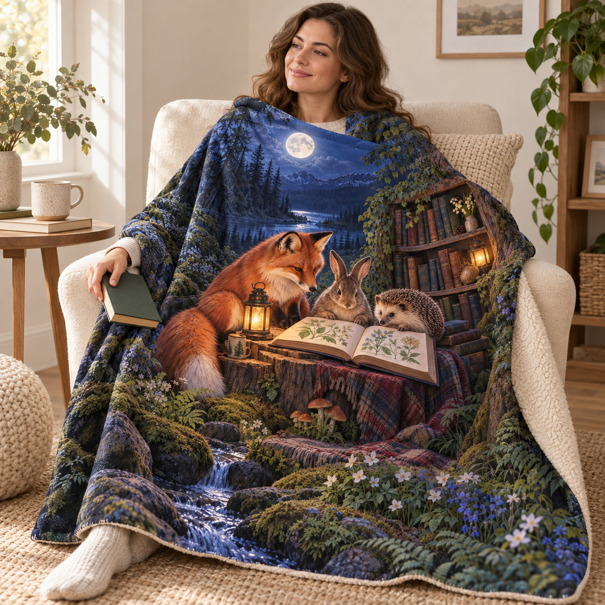 Moonlit Book Club blanket, wrapped around a reader