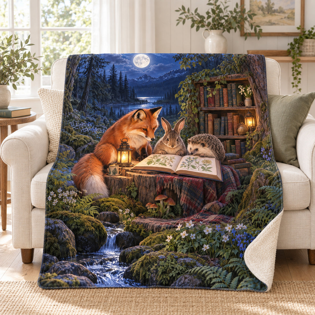 Moonlit Book Club blanket, on a sofa