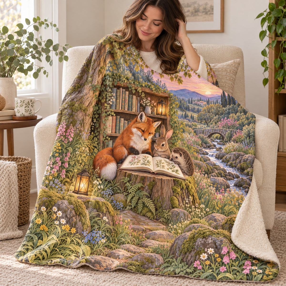 Meadow Poetry Friends blanket, wrapped around a reader