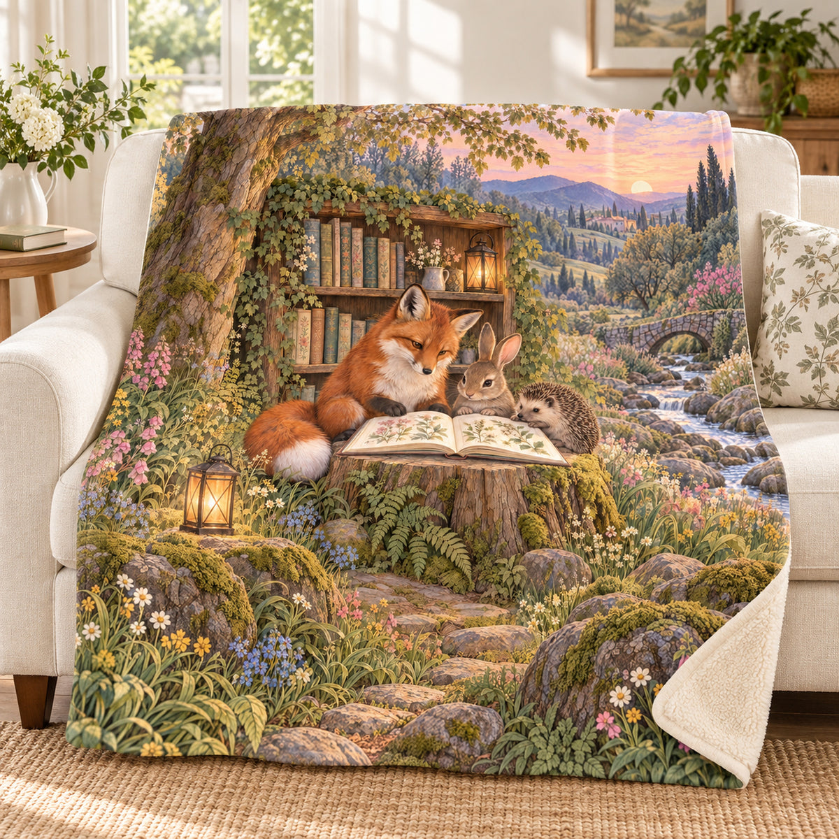 Meadow Poetry Friends blanket, on a sofa