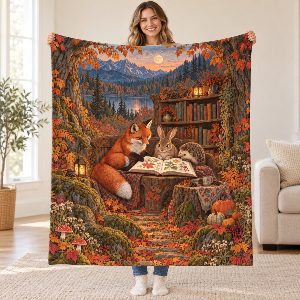 The Autumn Story Circle blanket, held open