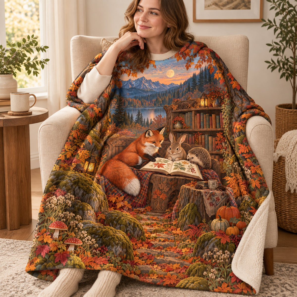 The Autumn Story Circle blanket, wrapped around a reader