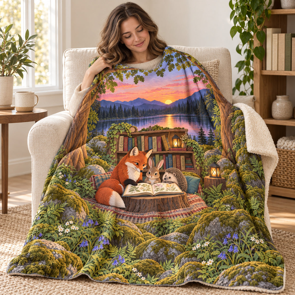 A Story to Share blanket, wrapped around a reader