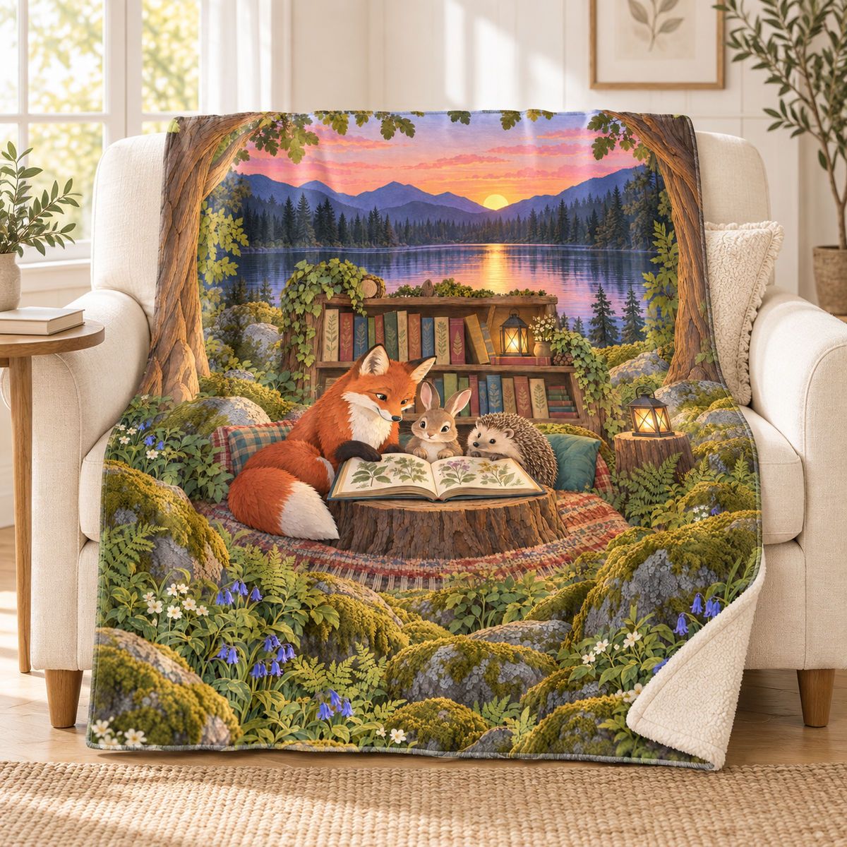 A Story to Share blanket, on a sofa