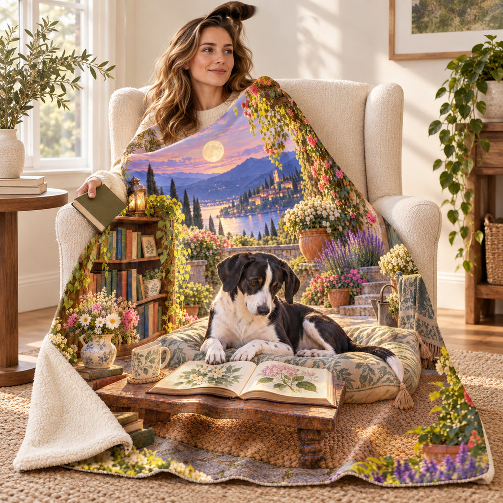 The Garden Library blanket, wrapped around a reader