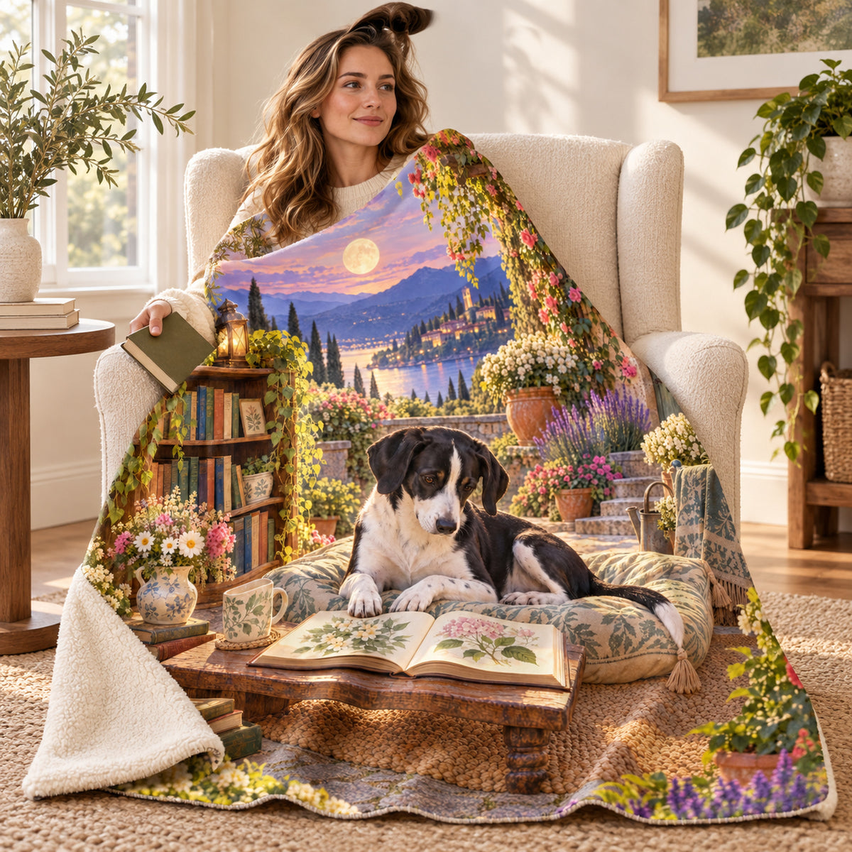 The Garden Library blanket, wrapped around a reader