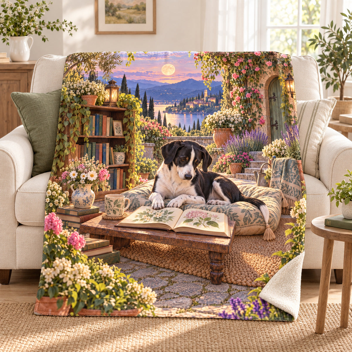 The Garden Library blanket, on a sofa