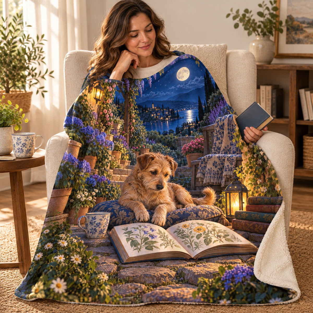 Moonlit Garden blanket, wrapped around a reader