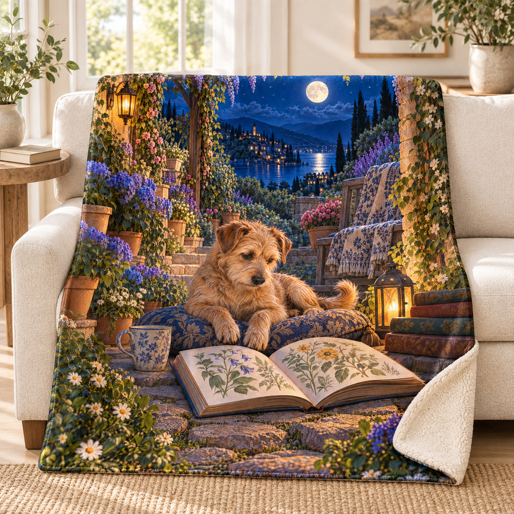 Moonlit Garden blanket, on a sofa