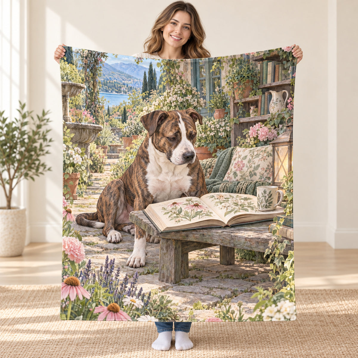 The Stone Bench blanket, held open