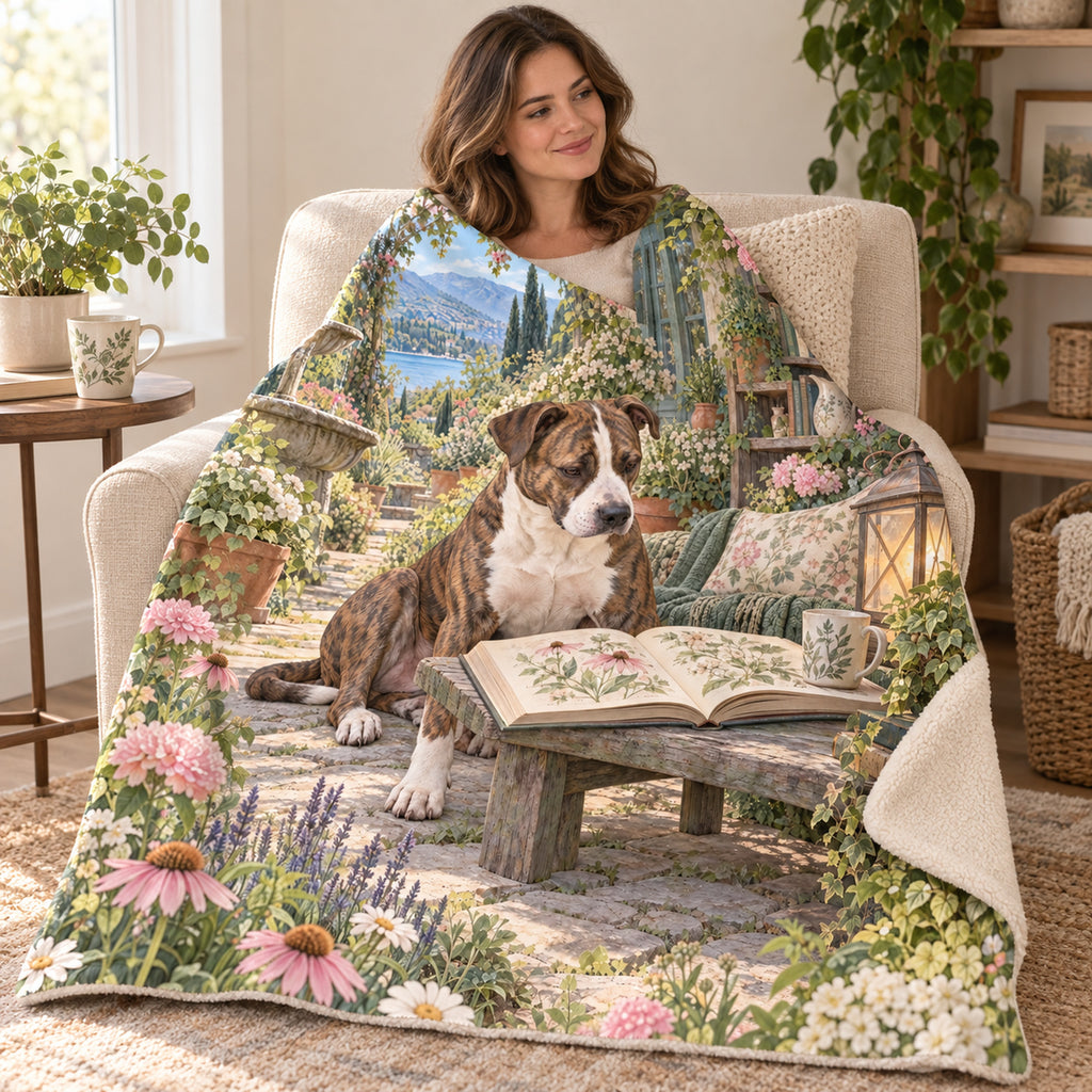 The Stone Bench blanket, wrapped around a reader