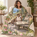 The Stone Bench blanket, wrapped around a reader