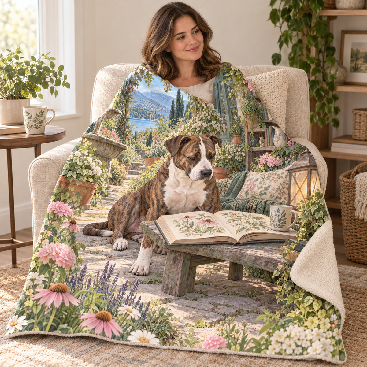 The Stone Bench blanket, wrapped around a reader