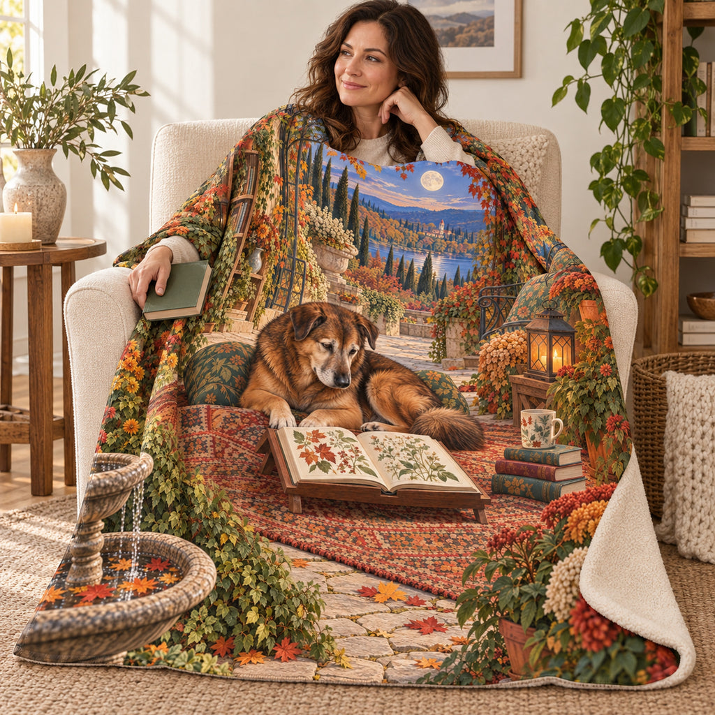 Autumn Lamplight blanket, wrapped around a reader