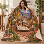 Autumn Lamplight blanket, wrapped around a reader