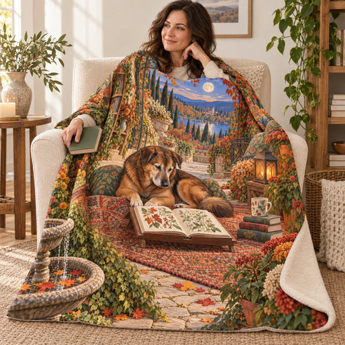 Autumn Lamplight blanket, wrapped around a reader