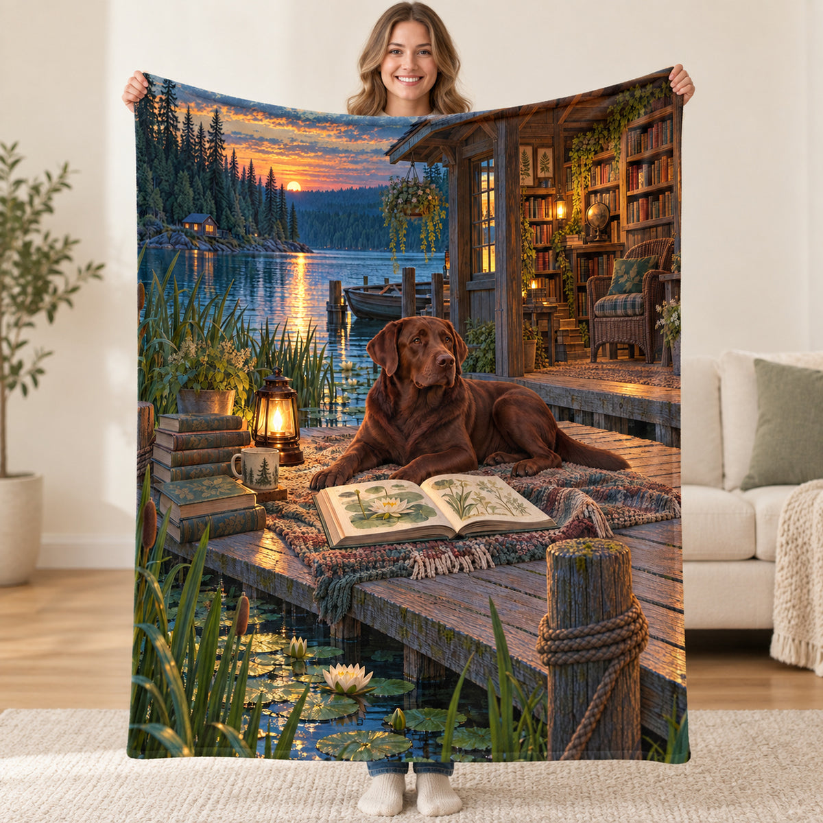 The Lakeside Reader blanket, held open