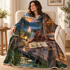 The Lakeside Reader blanket, wrapped around a reader