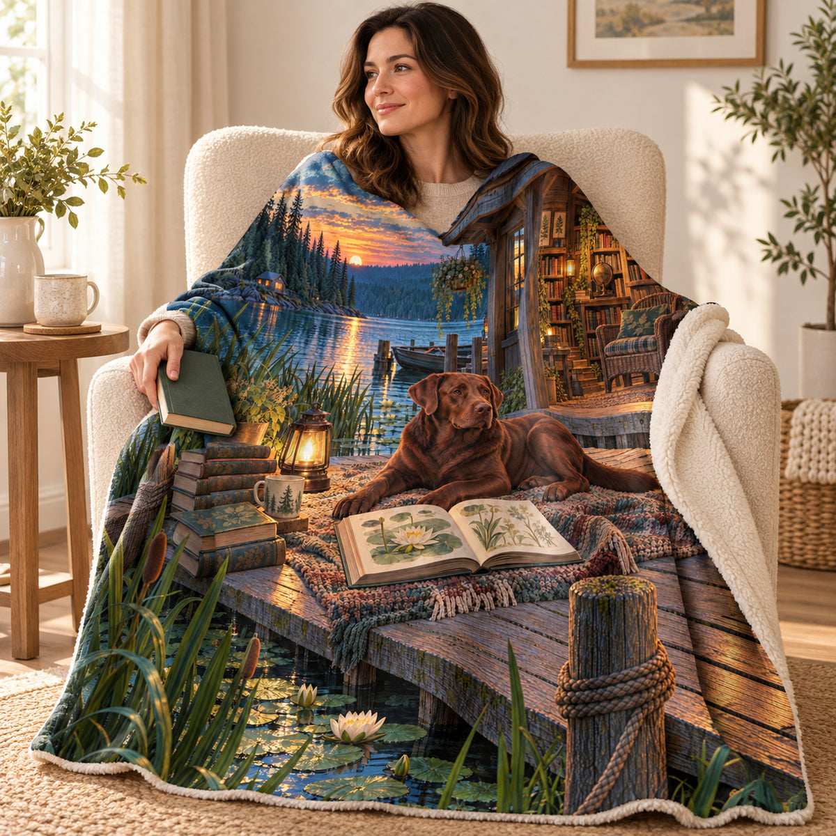 The Lakeside Reader blanket, wrapped around a reader