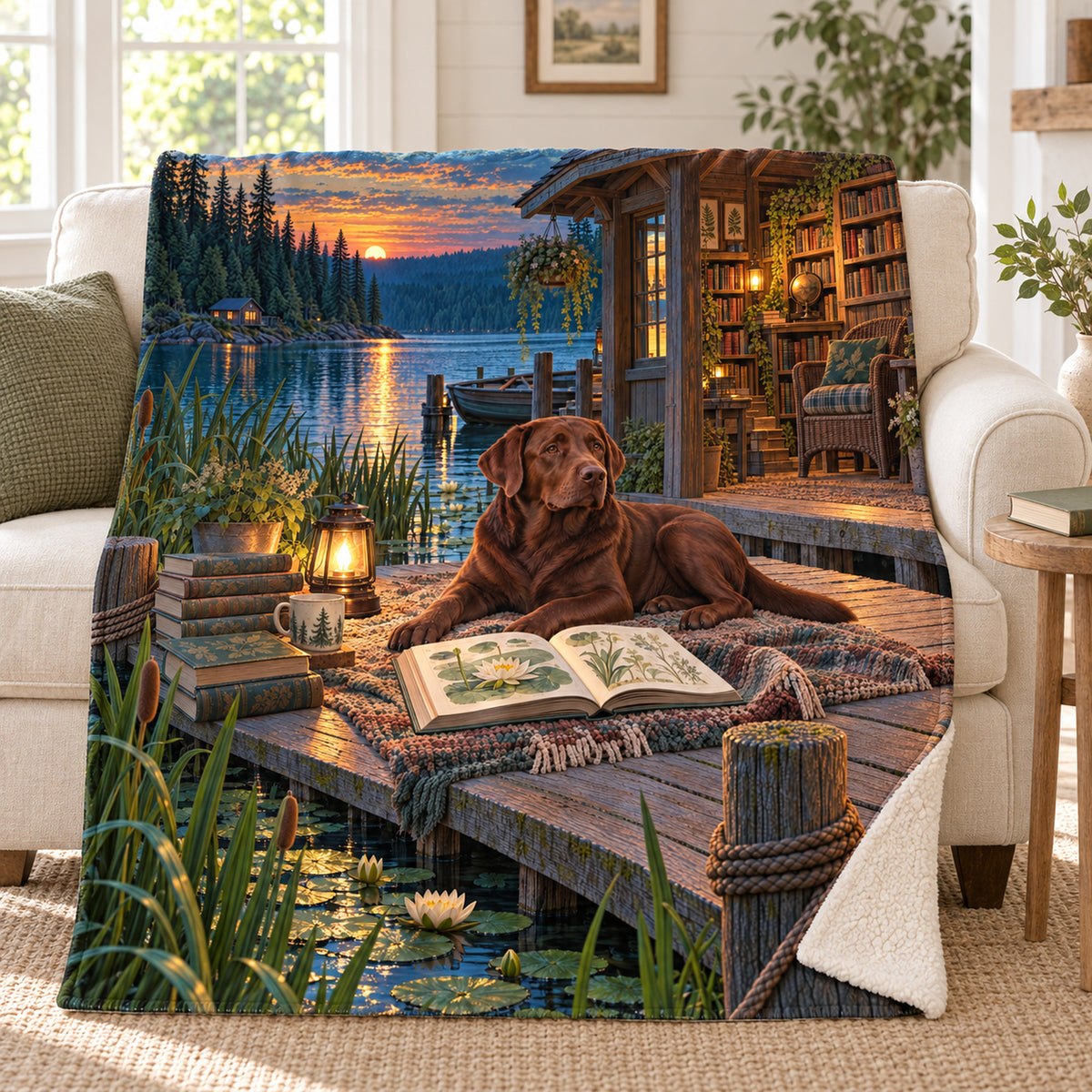 The Lakeside Reader blanket, on a sofa