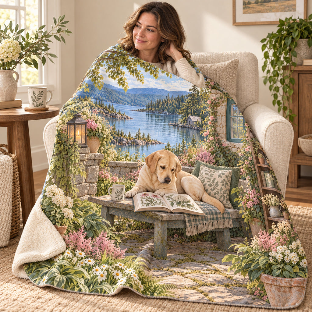 Lakeside Bench blanket, wrapped around a reader