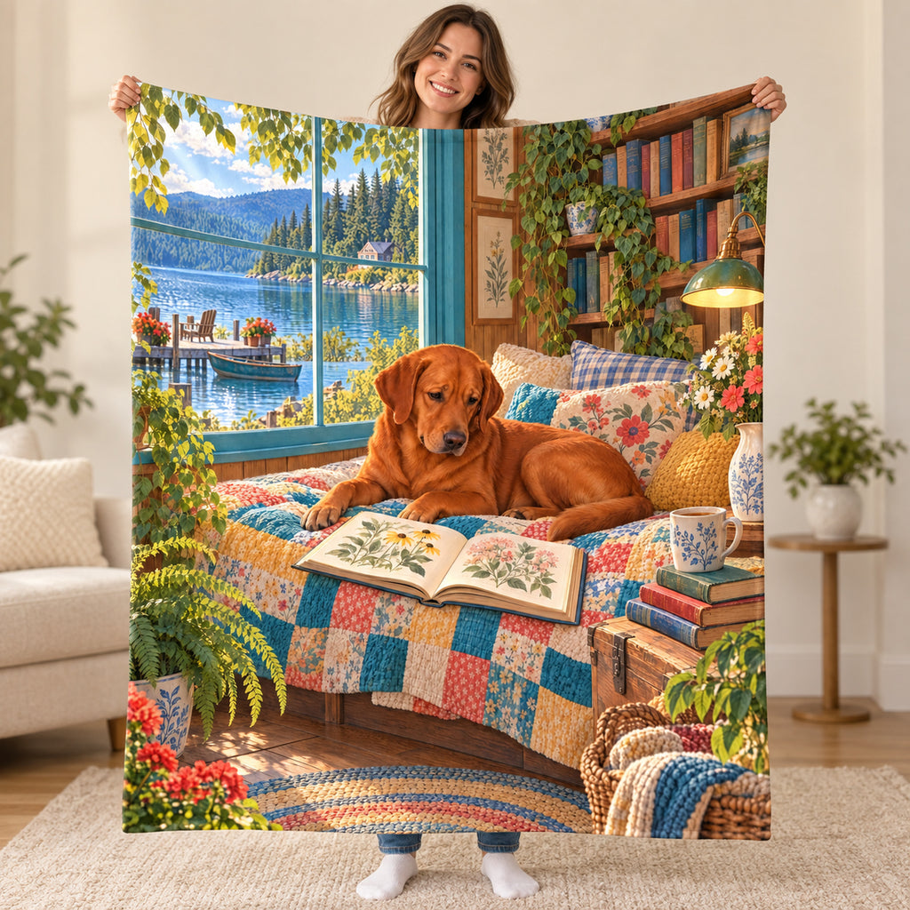 Cabin Window Quilt blanket, held open