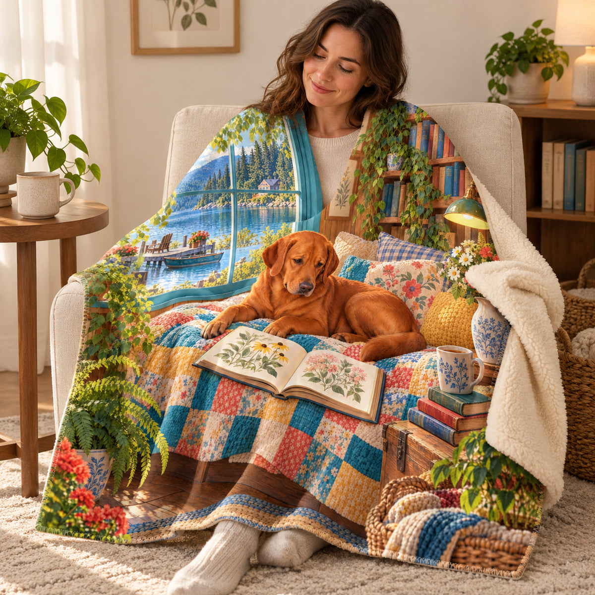 Cabin Window Quilt blanket, wrapped around a reader
