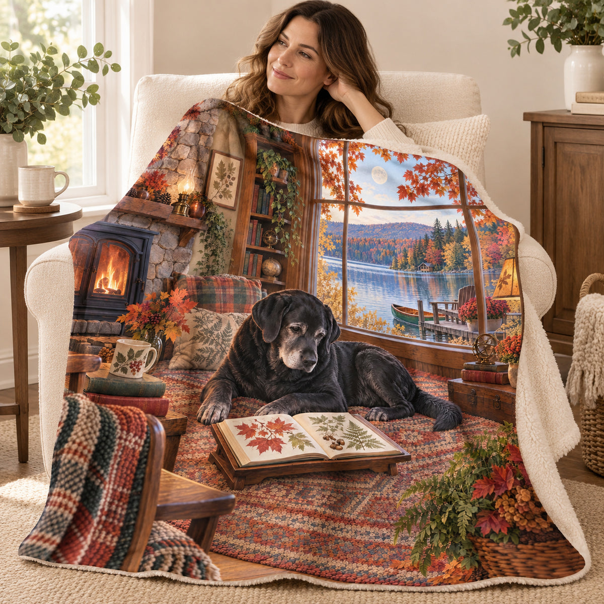 Fireside by the Lake blanket, wrapped around a reader