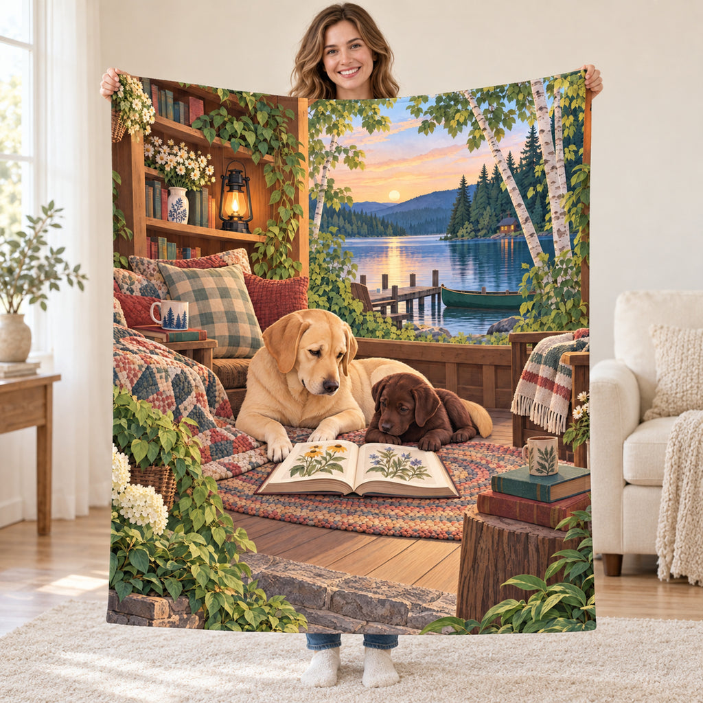 Lab and Pup at Dusk blanket, held open