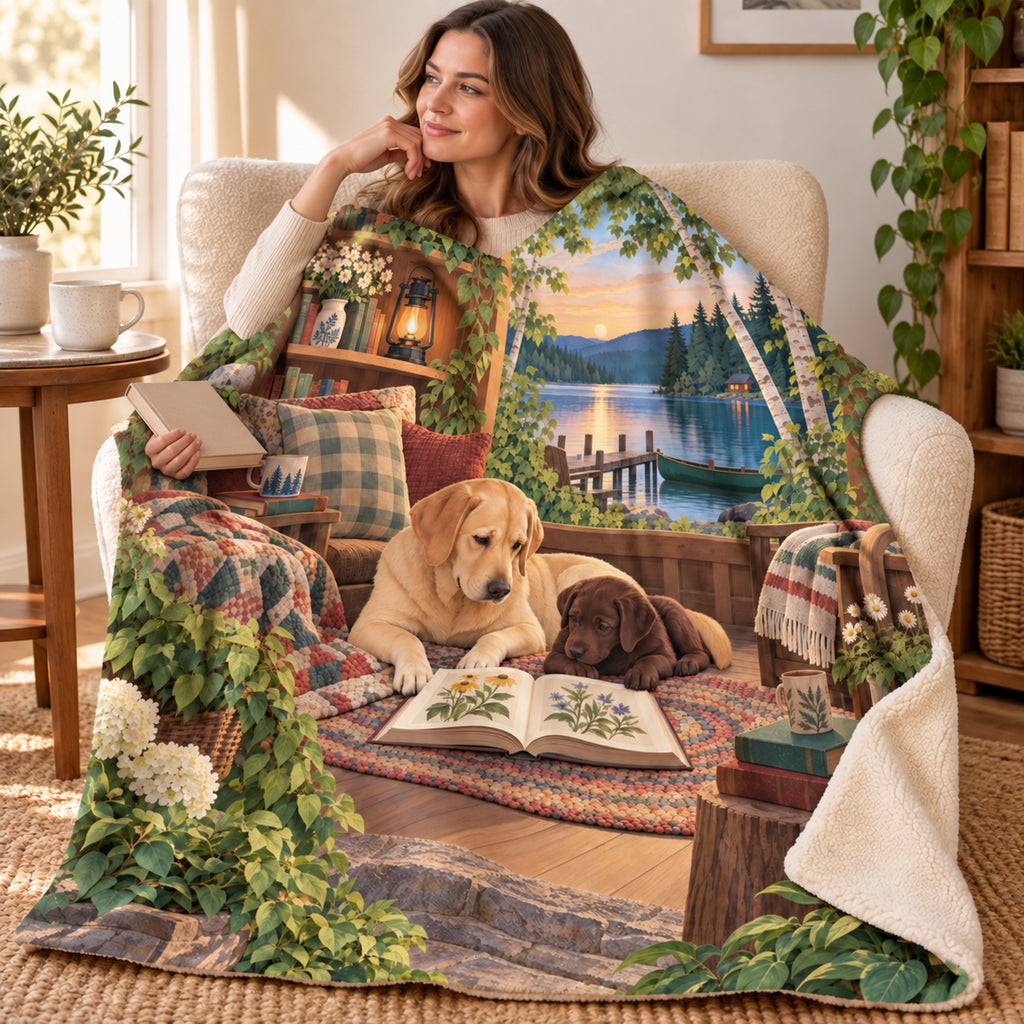 Lab and Pup at Dusk blanket, wrapped around a reader