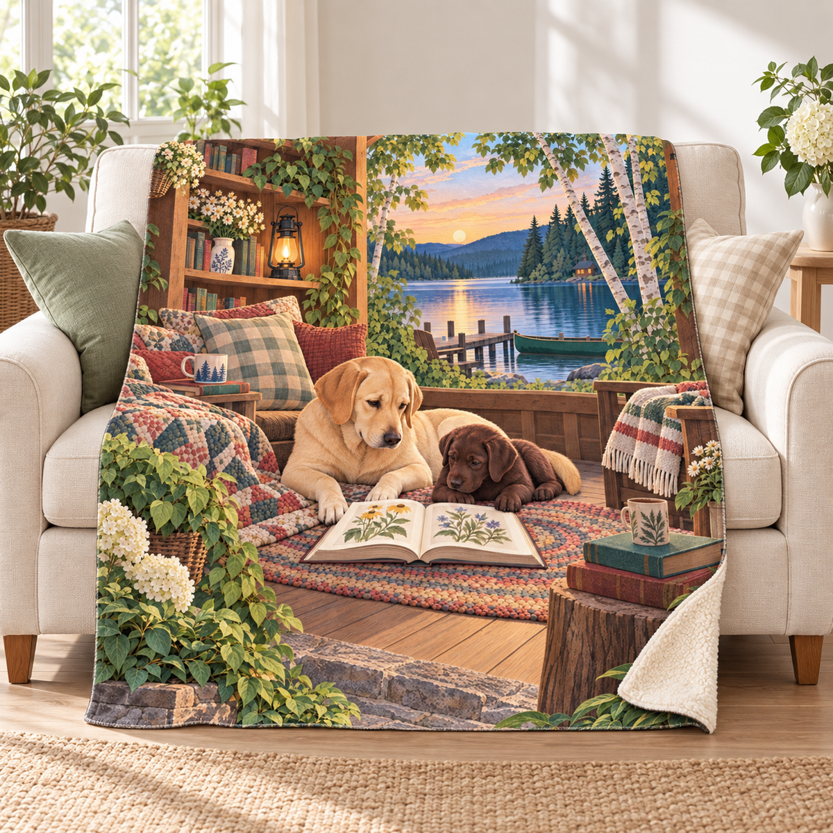 Lab and Pup at Dusk blanket, on a sofa
