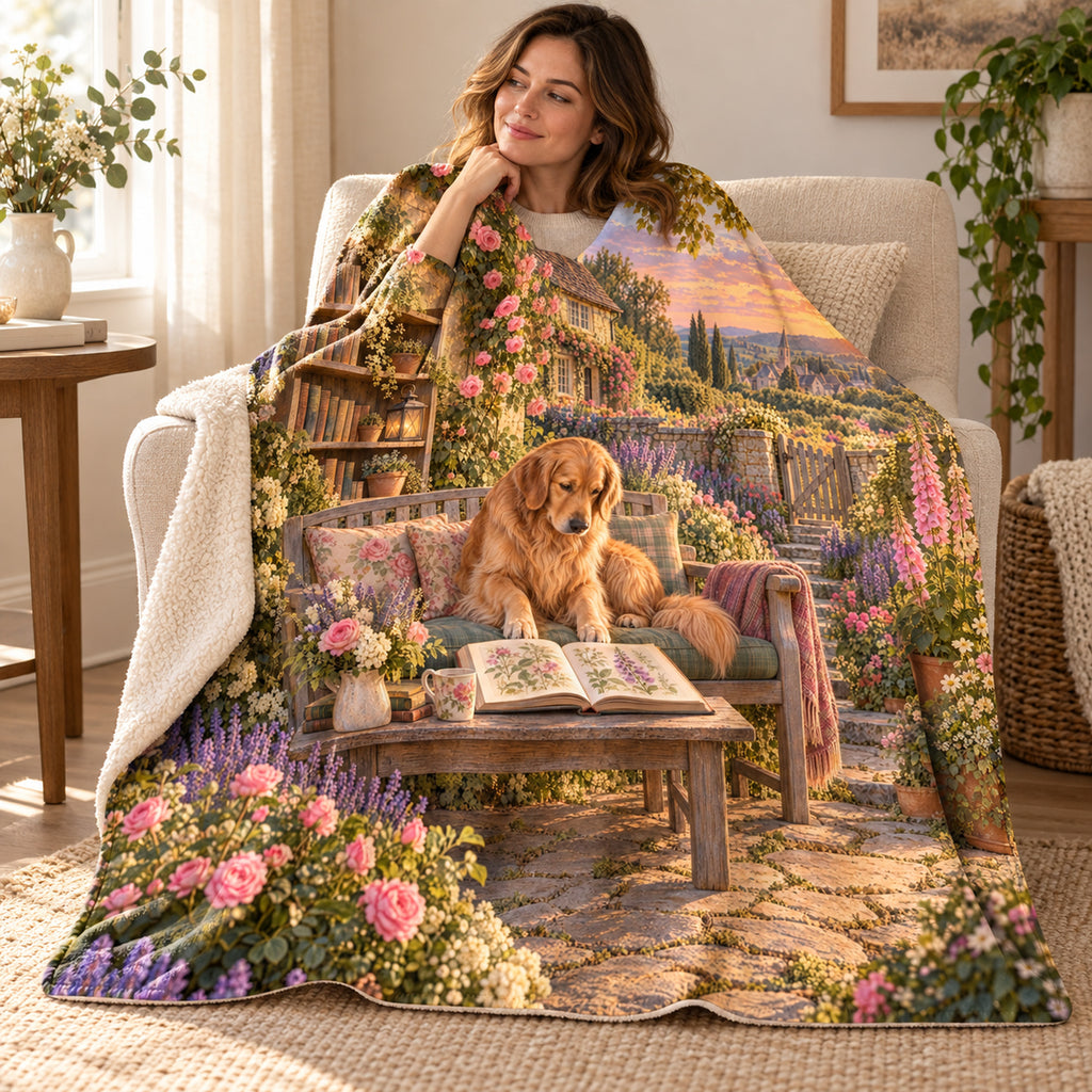 Golden Hour Chapters blanket, wrapped around a reader