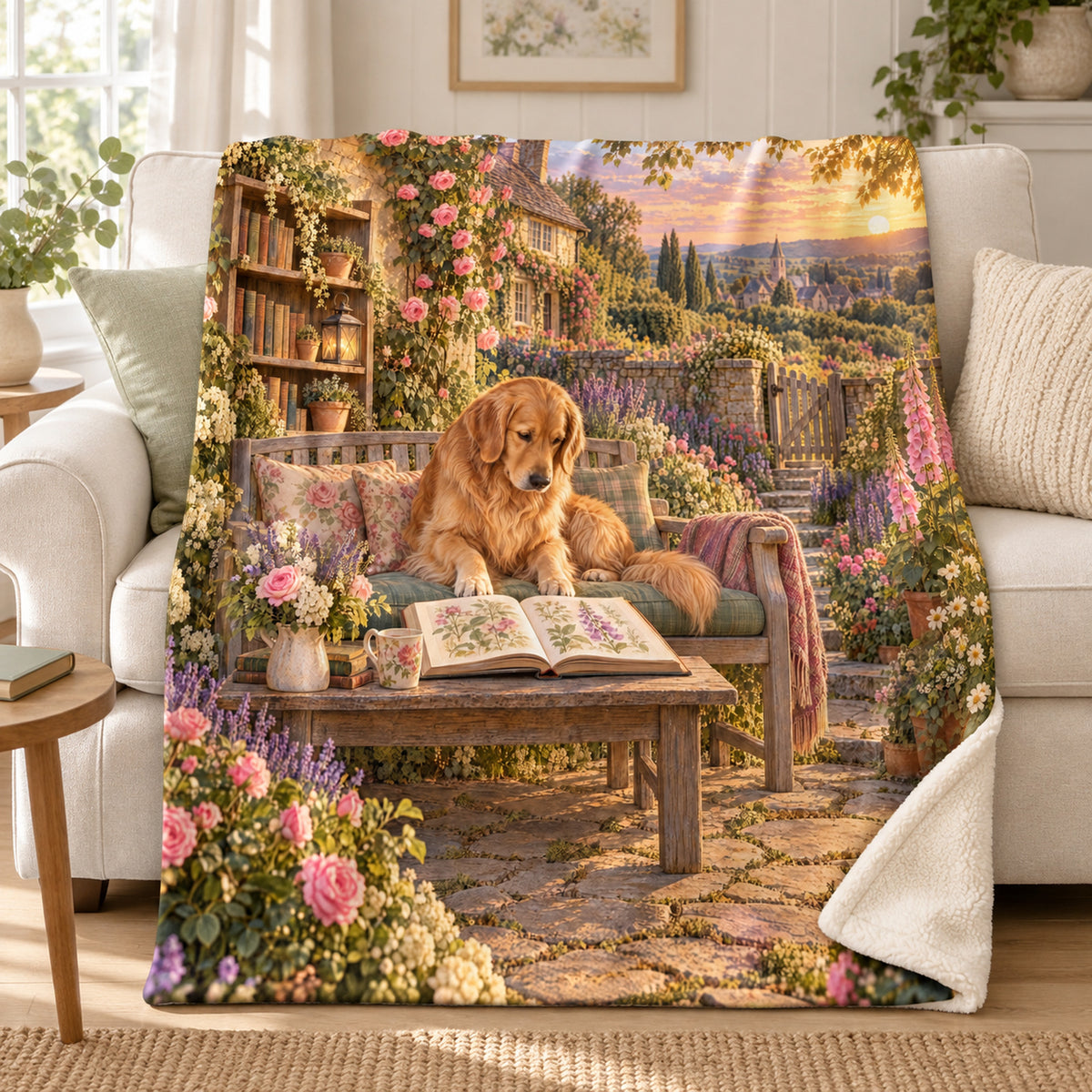 Golden Hour Chapters blanket, on a sofa