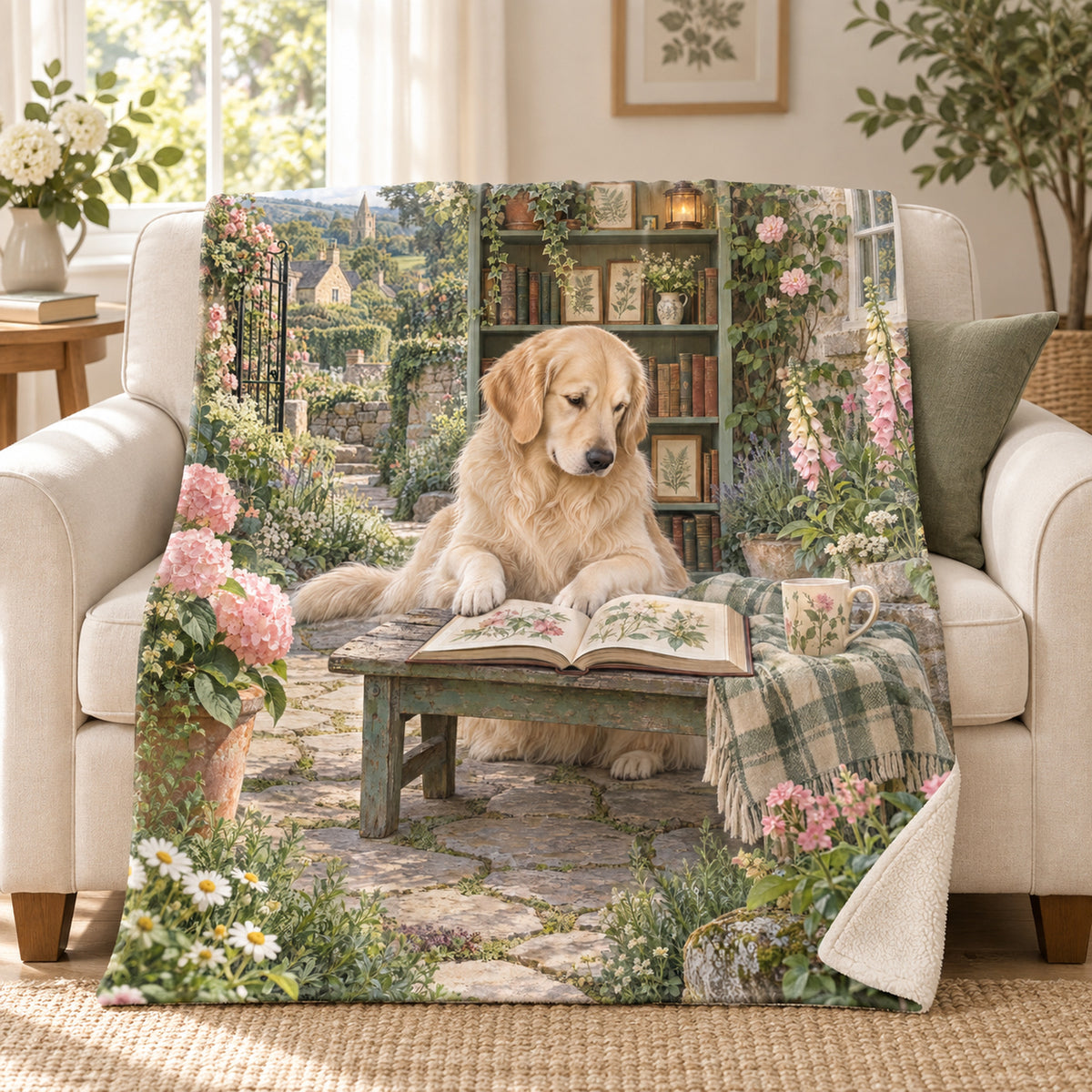 Rose Garden Steps blanket, on a sofa