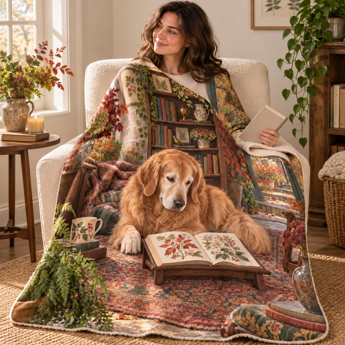 Ivy Study Nook blanket, wrapped around a reader