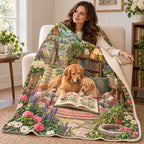 Golden and Pup blanket, wrapped around a reader