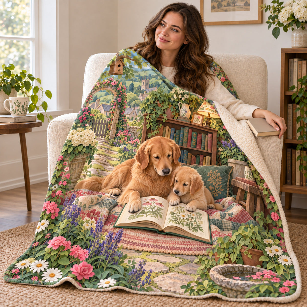 Golden and Pup blanket, wrapped around a reader