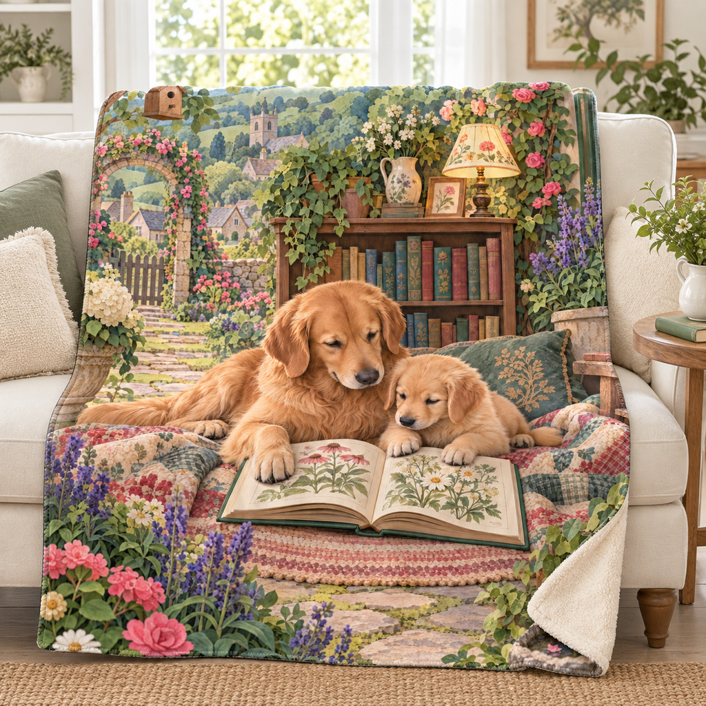 Golden and Pup blanket, on a sofa