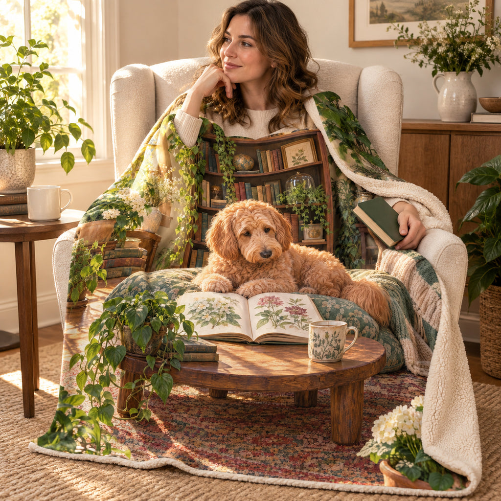 The Garden Room blanket, wrapped around a reader