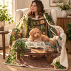The Garden Room blanket, wrapped around a reader