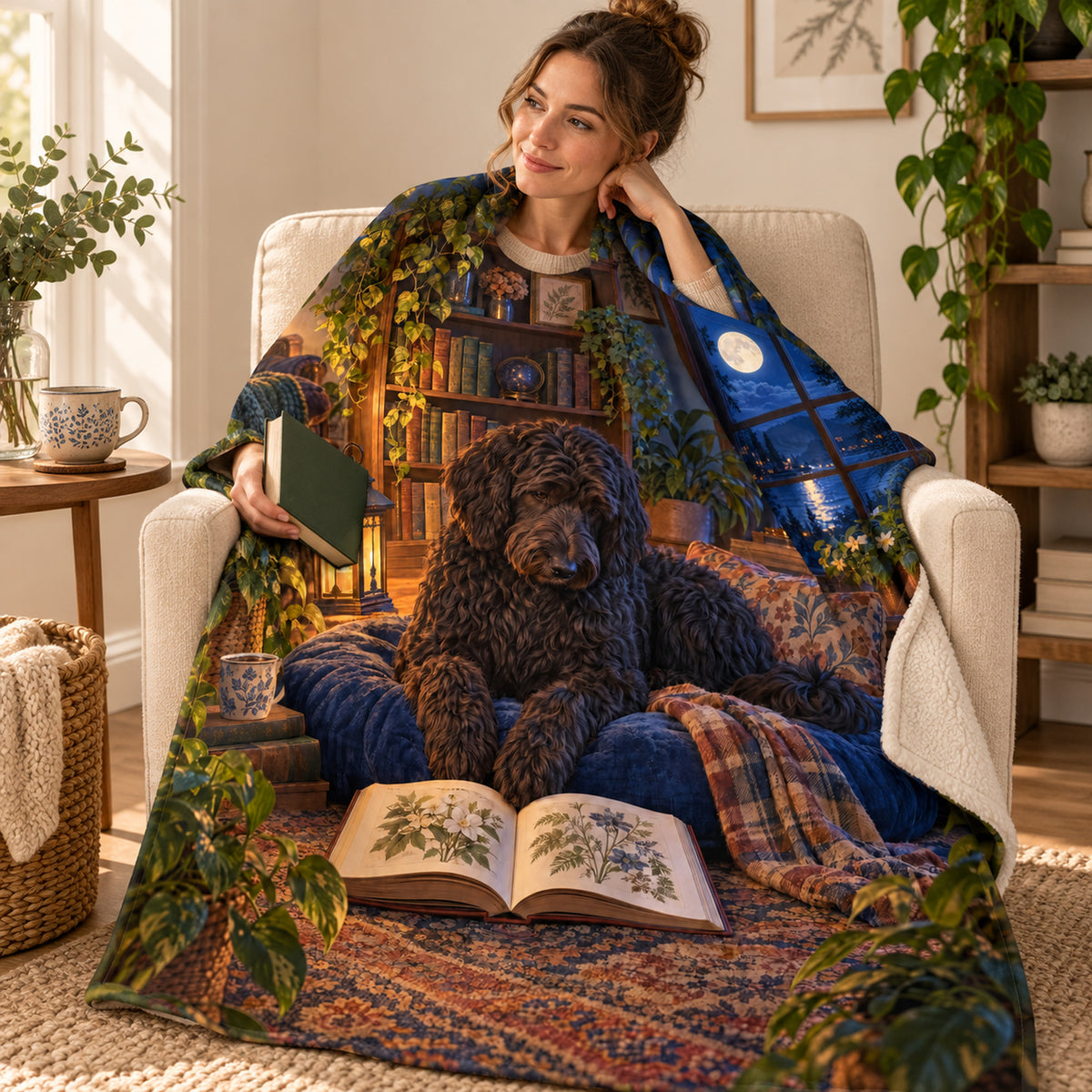 Moonlit Conservatory blanket, wrapped around a reader