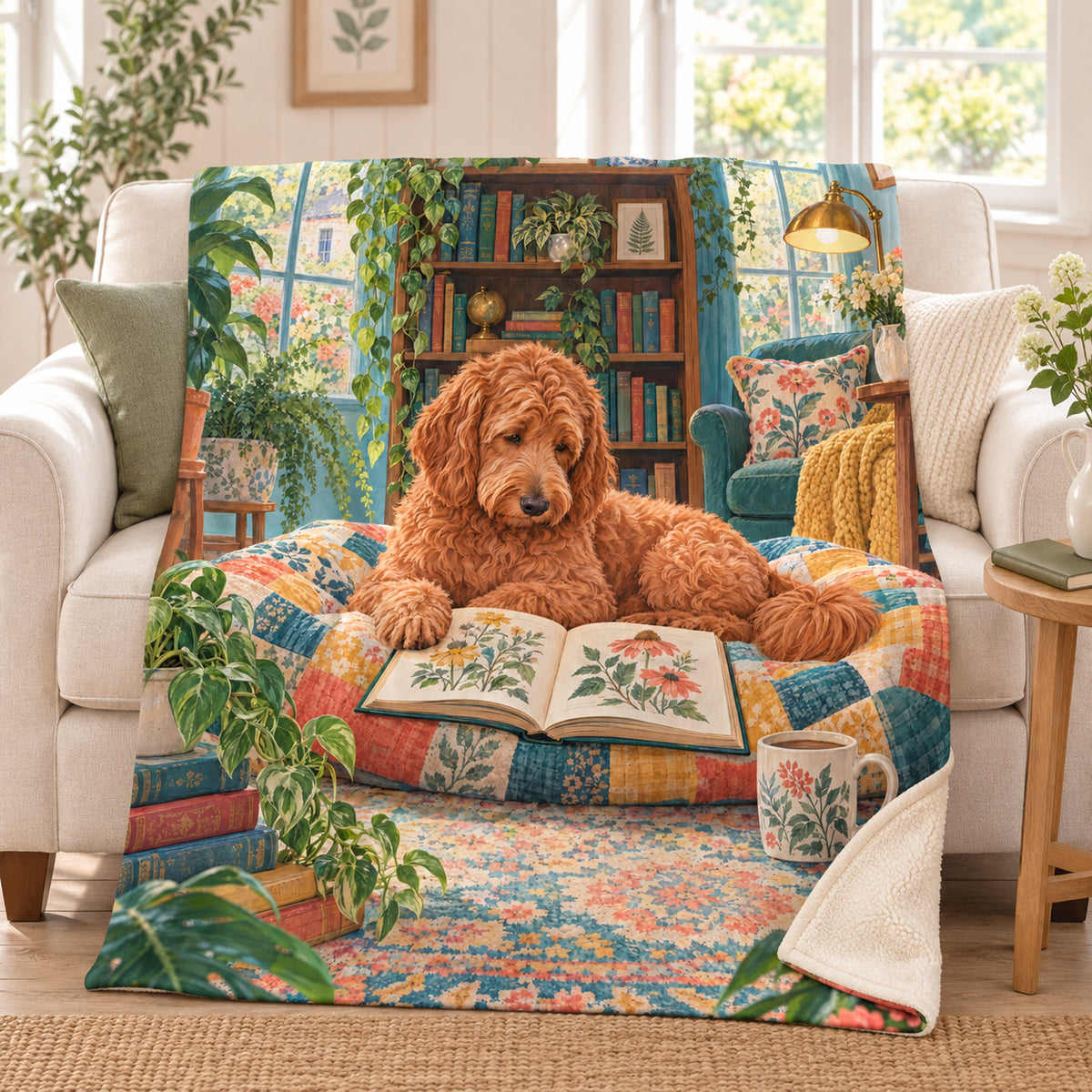 Patchwork Sunroom blanket, on a sofa